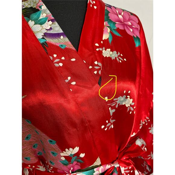 Red Satin Floral Peacock Kimono Robe 37” Long OS Belted Lightweight - Picture 5 of 7